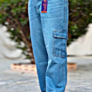 Men’s light blue cargo fit denim jeans with side flap pockets and relaxed straight-leg style.