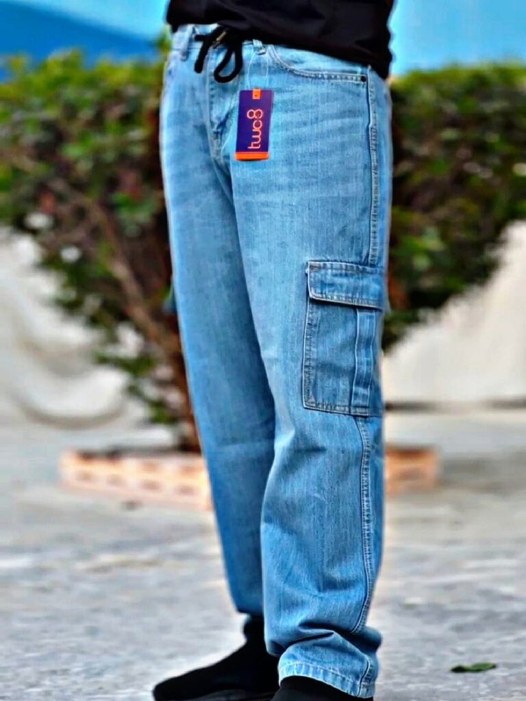 Home Men’s light blue cargo fit denim jeans with side flap pockets and relaxed straight-leg style.